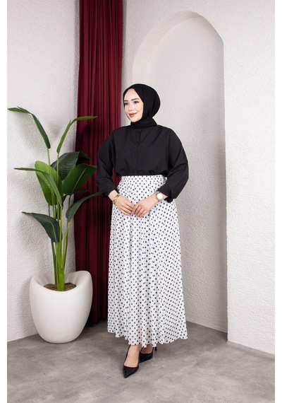 Hira Life Fashion Kadın Astarlı Puantiye Desenli Tül Etek Beyaz-siyah Beyaz-siyah
