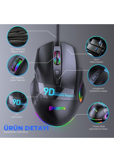 Mkespn X10 Rgb Gaming Mouse 12800 Dpı 9 Tuş Makro 1000hz Siyah Diğer