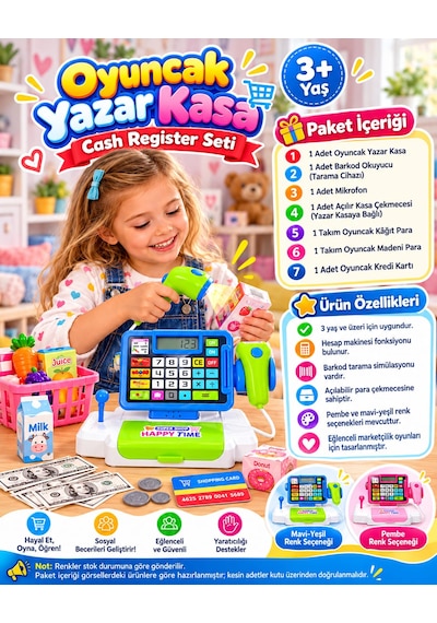Oyuncak Barkod Okuyucu Yazar Kasa Hesap Makineli Cash Register Süpermarket Kasiyer Oyunu Alışveriş Seti Pembe