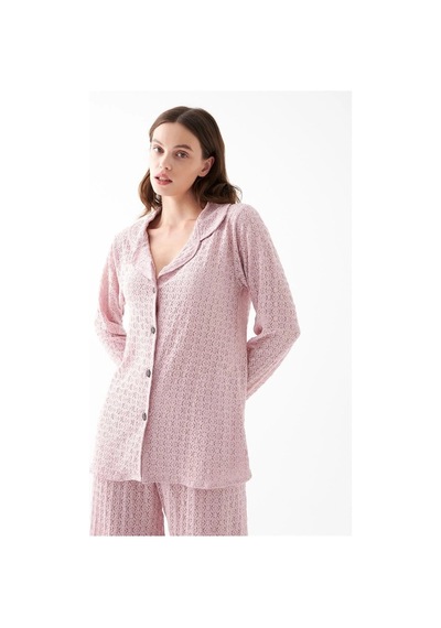 İkikareshop Kadın Pembe Önden Düğmeli Rahat Kesim Pijama Takımı - Günlük Ev Giyim Seti Çok Renkli