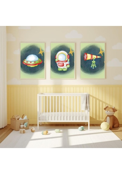 Besay Uzay Macerası Astronotlu Eğitici Ve Eğlenceli Bebek Odası Posteri 3'lü Çocuk Odası Poster Seti A2 Çerçevesiz