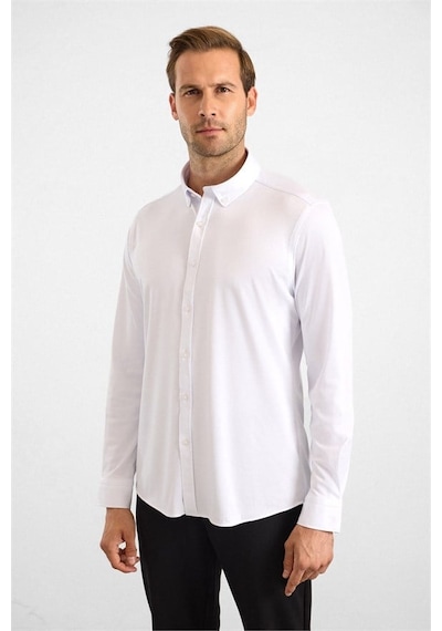 Süvari Beyaz Slim Düğmeli Yaka Manşetli Casual Gömlek Sgm2025500003-bey