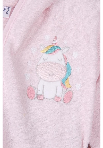Baveno %100 Pamuk Unicorn Nakışlı Kapşonlu Kız Çocuk Bornoz Pudra