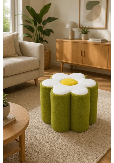 Minimal Puf Berjer, Papatya Teddy Peluş Puf Sarı - Yeşil Sarı - Yeşil