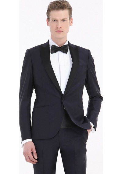 Ramsey Lacivert Düz Fashion Slim Fit Kruvaze Yaka Dokuma Smokin Takım Elbise