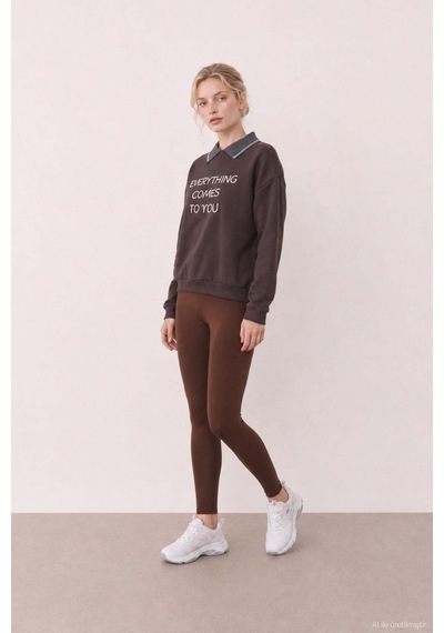 Quzu Nakış Detaylı Sweatshirt Kahve Kahverengi