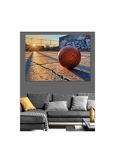 Basketbol Sahasında Duran Yalnız Top Yağlı Boya Dokulu Kanvas Tablo Canvas Tablosu