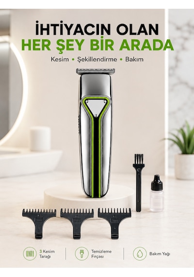Profesyonel Saç Sakal Tıraş Makinesi T Bıçaklı Şarjlı Kablosuz 3 Taraklı Erkek Bakım Seti - Lisinya 1 - 2 Saat
