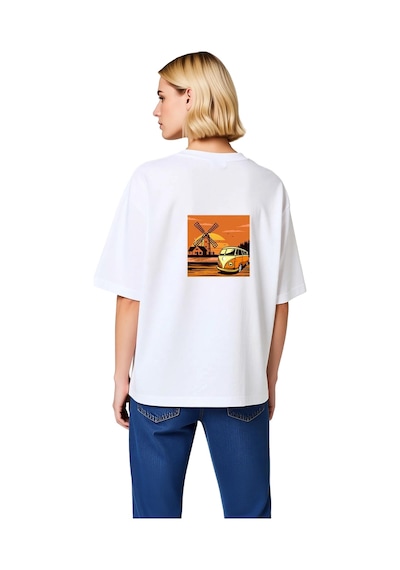 Paybuy Sunset Yolculuğu Vintage Minibüs Tasarımı Baskılı Kadın Oversize Beyaz