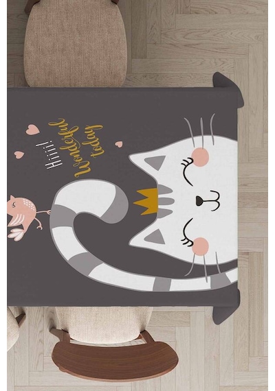 Gri Kedi Desenli Dokuma Leke Tutmaz Masa Örtüsü Mso440n11