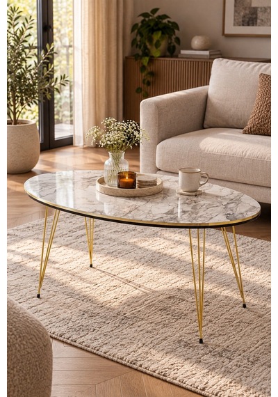 Sulorahome Oval Mermer Desenli Gold Metal Ayaklı Orta Sehpa Beyaz Mermer