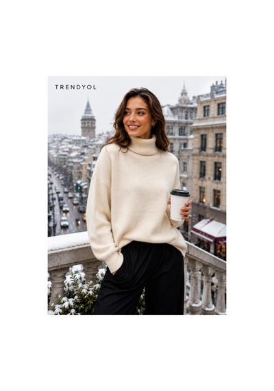 Hira Life Fashion Sfg Life Moda Kadın Balıkçı Yaka Tüylü Şardonlu Oversize Kazak Bej Bej