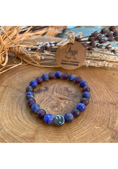 Mat Ametist, Mat Lapis Lazuli , Hematit Yin-yang Figürlü Bileklik Çok Renkli