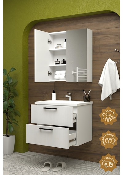 Teta Home Havana 80 Cm Mdf Gövde Membran Kapak Banyo Dolabı Seti Beyaz