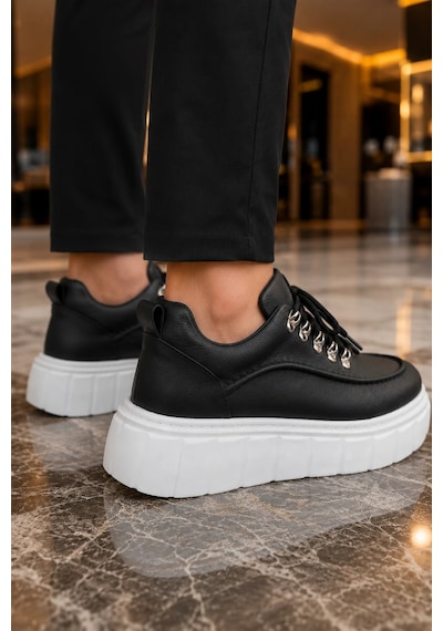 Mevese Duolc Bağcıklı Cilt Erkek Günlük Rahat Taban Sneaker Ayakkabı - Siyah Beyaz