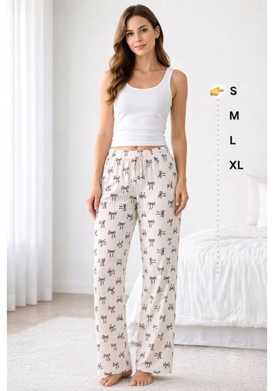 Viskon Pamuklu Kadın Pudra Desenli Pijama Pantolon - Mg009 - Mudanis