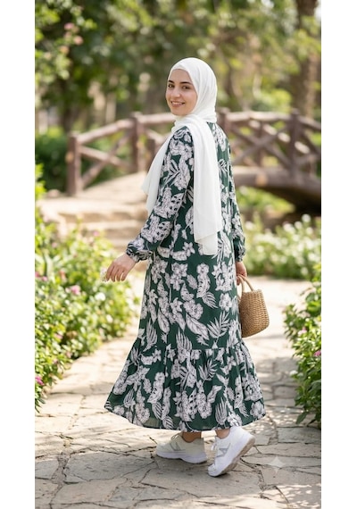 Kadın Desenli Dokuma Viskon Kumaş Uzun Tesettür Elbise Yeşil