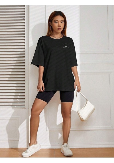 Moon Start T-shirt - Siyah Baskılı Oversize Bisiklet Yaka Kısa Kol SIYAH