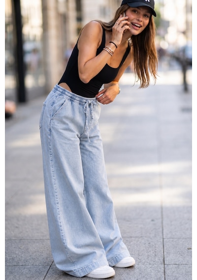 Kadın Yeni Sezon, Açık Mavi, Beli Lastikli, Bağcıklı, Cepli, Bol Paça, Palazzo Denim Jeans Kot Pantolon - Tesettü