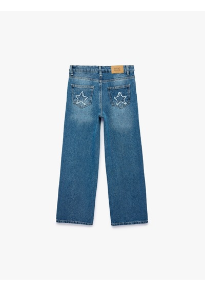 Koton Yıldız Detaylı Pamuklu Loose Fit Geniş Paça Denim Pantolon Orta İndigo 7wkg40033ad