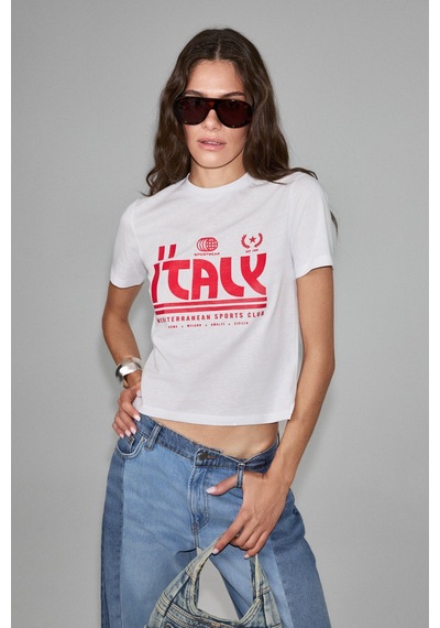 ETHIQUET Ethıquet Algher Kadın Baskı Desenli Kısa Kollu Organik Pamuklu Bisiklet Yaka Crop Beyaz T-shirt