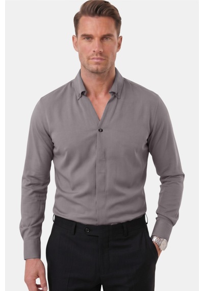 Rizzup Füme Slim Fit Kolay Ütülenebilir Açık Dik Yaka Likralı Erkek Gömlek 2602615