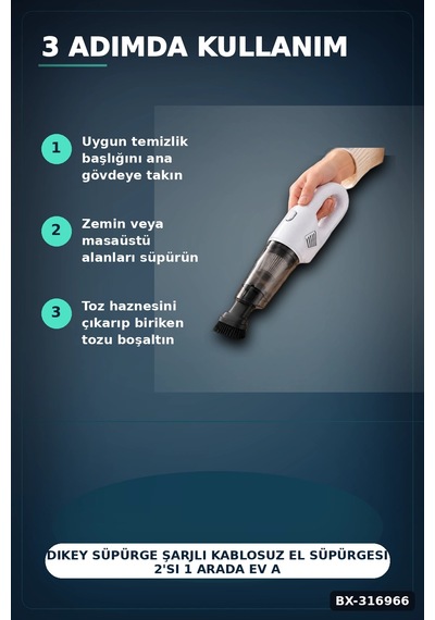 Dikey Süpürge Şarjlı Kablosuz El Süpürgesi 2'si 1 Arada Ev Araç Temizliği Bx-316966