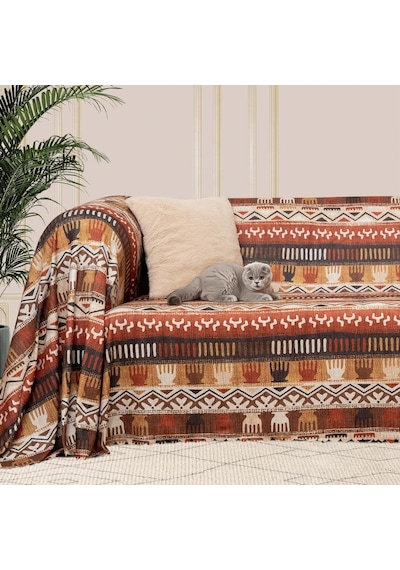 Latuda Concept Softmicro Boho Etnik Desenli Mikrofiber Koltuk Örtüsü Ve Şalı, Kaymaz Toprak180x220 Cm Genel