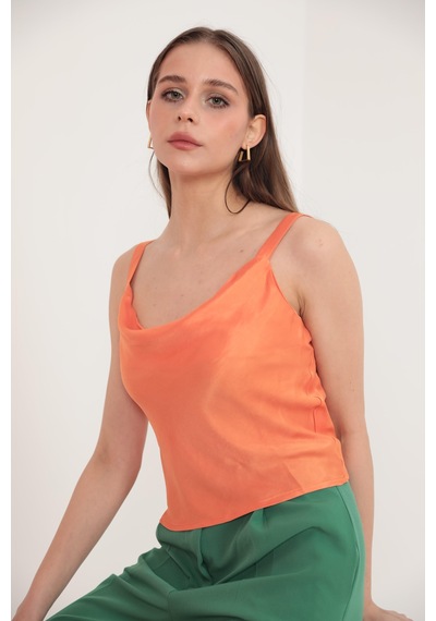 Chicnhappy Saten Degaje Yaka Kalın Askılı Kadın Bluz Oranj 23y052001s Oranj