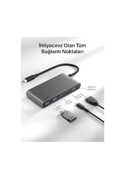 Belkin Usb-c Hub, 5 Portlu, 60 Hz De 4k Hdmi Ekran Desteği, 100w