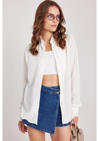 Tudors Kadın Slim Fit Düğmeli Yaka Kışlık Yün Viskon Düz Beyaz Gömlek-37880 Beyaz