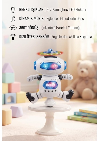 360 Derece Döner Tabanlı, Renkli Işıklı Ve Müzikli Kızılötesi Sensörlü Dansçı Robot