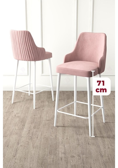 Canisa Enox Serisi 6 Adet Pembe Sandalye Mutfak Bar Sandalyesi Babyface Kumaş Beyaz Metal Ayak Sandalyeler Pembe Ayaklar Beyaz