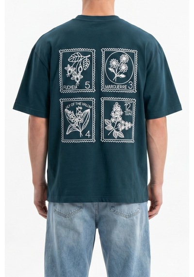 Respire Erkek Nakışlı Oversize T-shirt Zümrüt Yeşil