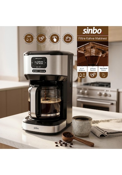 Scm-9042 Otomatik Filtre Kahve Makinesi, 14 Fincan 1.8l Cam Hazne, Taşma Önleyici, Zaman Ayarlı, Yıkanabilir Hazne