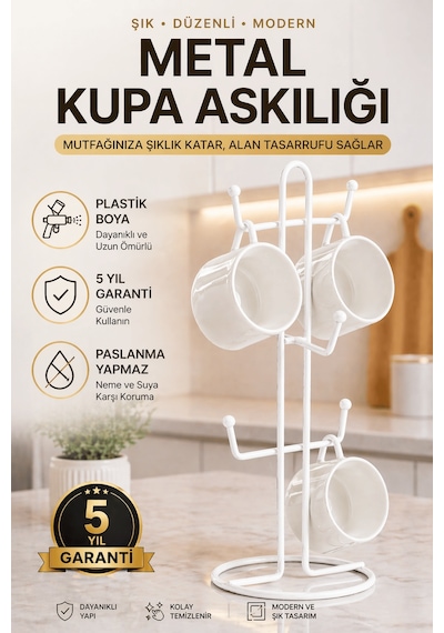 Metal Kupa Askılığı 6 Lı Beyaz Fincan Standı, Tezgah Üstü Bardak Tutucu Sunumluk