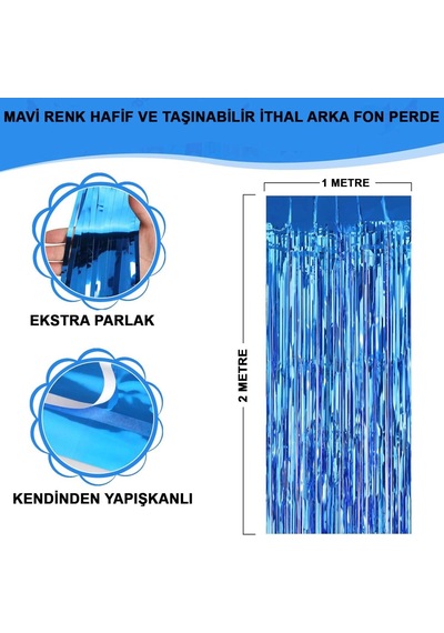 Mavi Renk Ekstra Metalize Parlak Saçaklı Arka Fon Perde İthal A Kalite 1x2 Metre +3