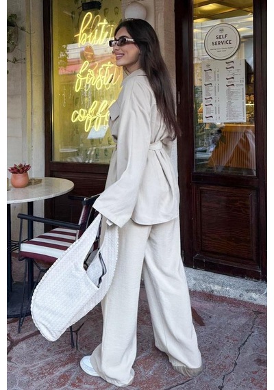 Seeh Bej Uzun Kollu Oversize Kadın Takım Sh338 Standart