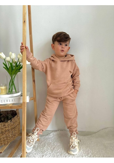 Jolly Kids Erkek Çocuk Dino Nakışlı Kanguru Cepli Kapüşonlu Takım Somon