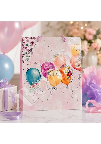 32x26 Cm İthal Çiçekli Balonlu Hediyelik Kağıt Çanta Pembe 5 Adet Tüm Yaşlar