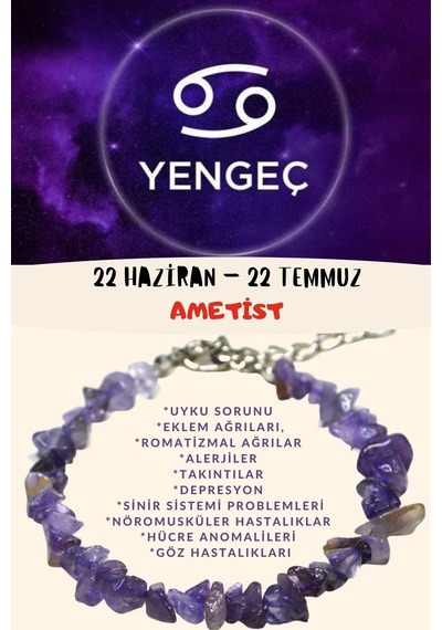 Gümüştel El Sanatları Sertifikalı Burç Taşı Yengeç Burcu Ametist Taşı Bileklik Çok Renkli