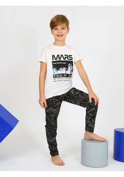 Vitmo Erkek Çocuk Kısa Kollu Pamuklu Mars Space Pijama Takımı Ekru
