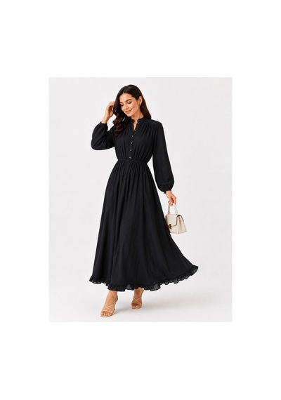 Hira Life Fashion Kadın Çilek Kumaş Ve Önü Düğmeli Eteği Fırfırlı Hakim Yaka Elbise Siyah Siyah Hira Life Fashion Kadın Çilek Kumaş Ve Önü Düğmeli Eteği Fırfırlı Hakim Yaka Elbise Siyah Siyah