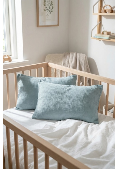 Çift Katlı Müslin Çocuk Yastık Kılıfı %100 Pamuk 35x45 cm 2’li Bebek Çocuk Kılıf Seti Mavi