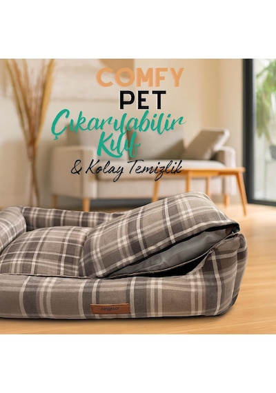 Comfy Pet Kedi Ve Köpek Yatağı Bej/oeko-tex Sertifikalı Dokuma Kumaş, Yıkanabilir Fermuarlı Minder, Destekleyici Yapı, Kaydırmaz Taban Bej, Large 58 70 22 Cm
