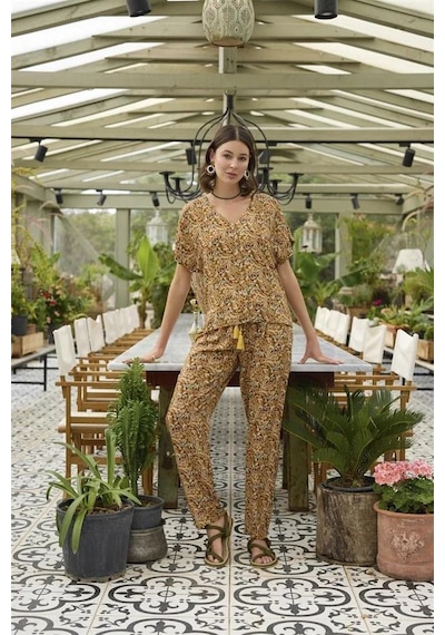 Veraura Lifestyle Çiçek Ve Yaprak Desenli Önü Düğmeli Alt Üst Takım Sarı