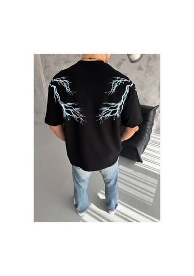 Erkek Bisiklet Yaka Tişört Yıldırım Şimşek Baskılı Kısa Kol T-shirt -siyah