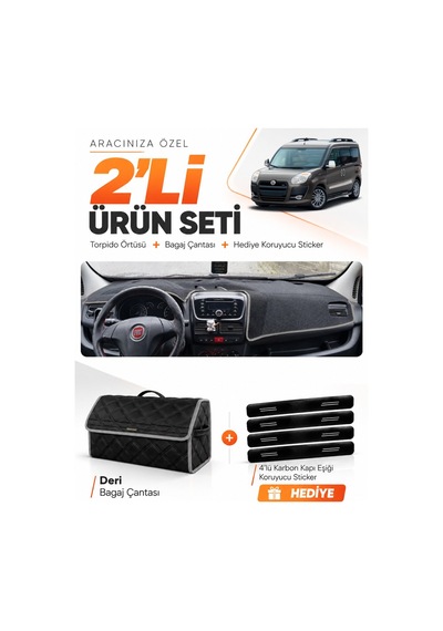 E-biz Fıat Doblo D3 2010-2013 Kapaksız Uyumlu Torpido Örtüsü + Deri Çanta - Siyah-gri - Fı006