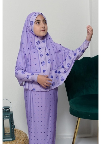 Çocuk Namaz Takımı Pratik İki Parça Desenli Kollu Tak Çıkar Başörtülü Likralı Tesettür Elbise 6-12 Yaş 901-0201