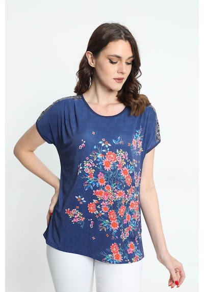 Ella Camelia Kadın Omzu Dantelli Çiçek Desenli Bluz 5010050 Laciv Lacivert